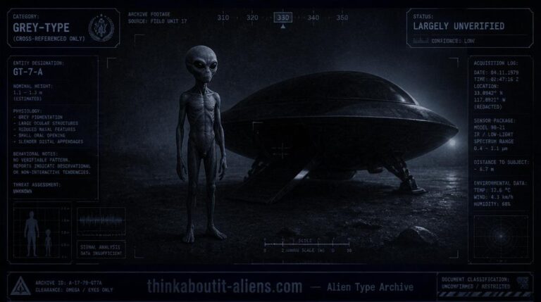 Dossier-style illustration of a Grey-type entity associated with the Railoid designation, shown with a generic scout craft.