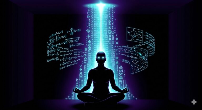 A person receiving a telepathic data download of binary code and alien symbols.