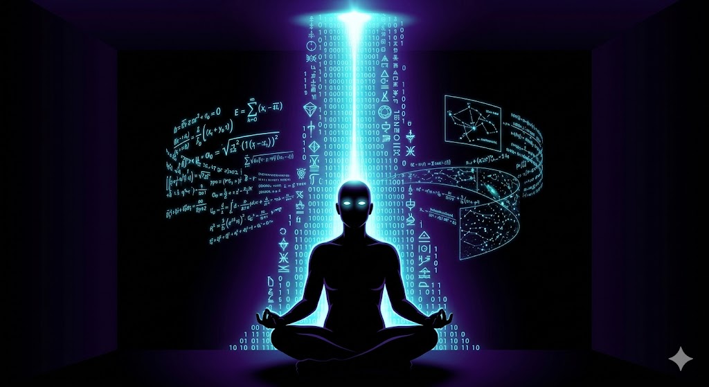 A person receiving a telepathic data download of binary code and alien symbols.