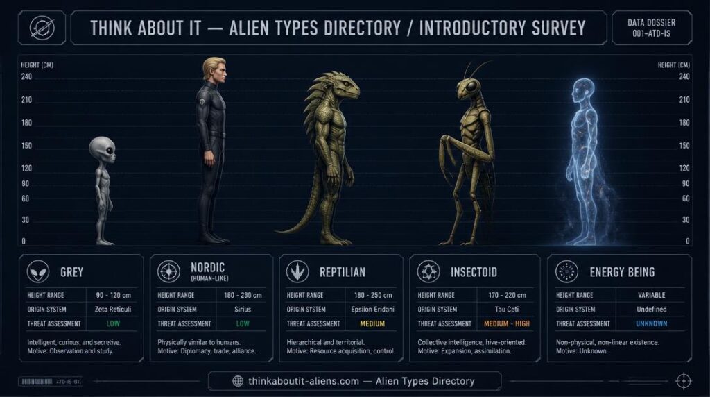 Horizontal lineup of five alien species in clinical profile — Grey, Nordic, Reptilian, Insectoid, and Energy Being — each with species card showing height, origin, and threat assessment