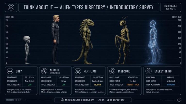 Horizontal lineup of five alien species in clinical profile — Grey, Nordic, Reptilian, Insectoid, and Energy Being — each with species card showing height, origin, and threat assessment