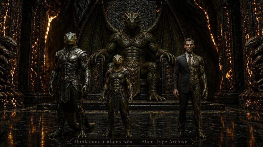 A winged Ciakar Draconian seated on a throne with a warrior Reptoid, scout, and mid-transition shapeshifter standing before it in a bioluminescent underground chamber