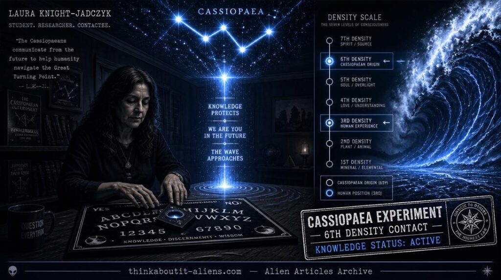 Laura Knight-Jadczyk at modified spirit board with luminous beam extending to Cassiopaea constellation, Knowledge Protects and We Are You text fragments, density scale, and approaching Wave