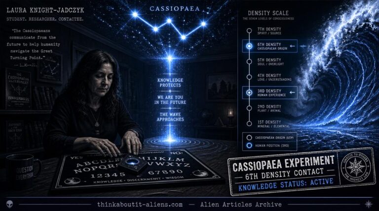 Laura Knight-Jadczyk at modified spirit board with luminous beam extending to Cassiopaea constellation, Knowledge Protects and We Are You text fragments, density scale, and approaching Wave