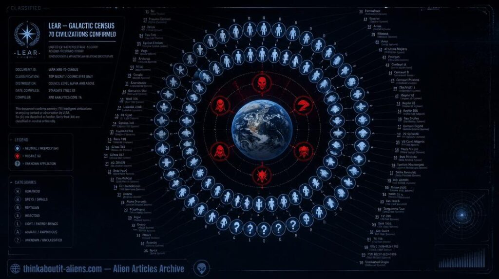 Earth surrounded by 70 alien species silhouette icons in concentric rings, six highlighted red for hostile, sixty-four in blue-white for neutral, each connected to labeled origin star systems