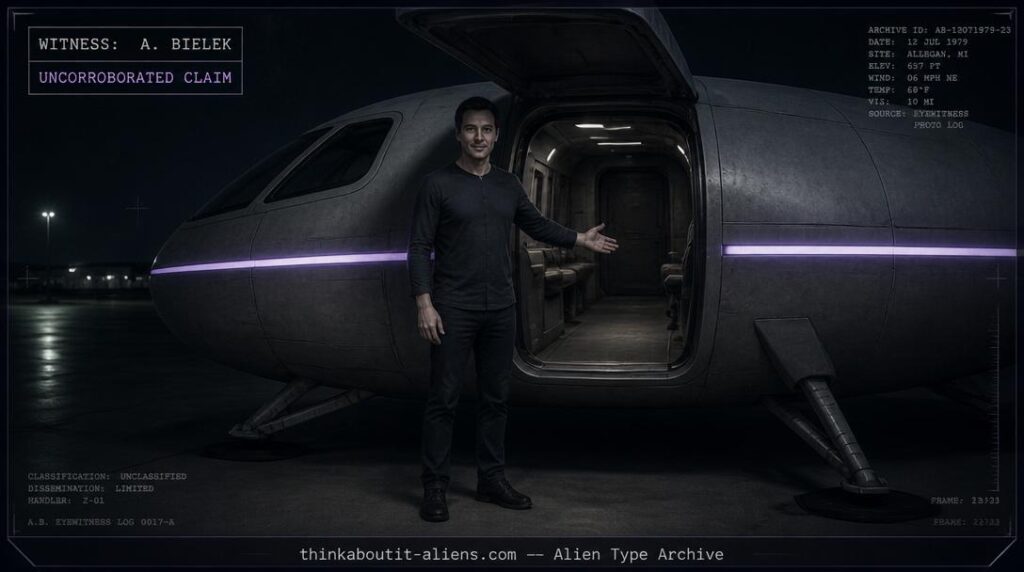 Fully human-appearing figure gesturing toward a modest shuttle craft on a nighttime tarmac, illustrating the corrected Alpha Centaurians alien type