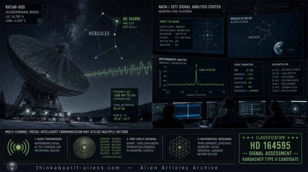 Split-screen showing Russia's RATAN-600 telescope aimed at constellation Hercules with HD 164595 highlighted, and a SETI control room displaying the signal spike on spectrographic monitors