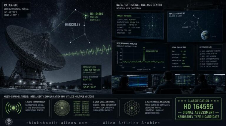 Split-screen showing Russia's RATAN-600 telescope aimed at constellation Hercules with HD 164595 highlighted, and a SETI control room displaying the signal spike on spectrographic monitors