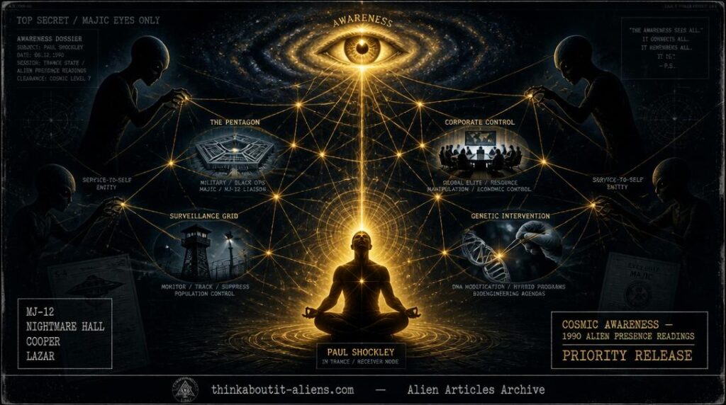 Meditating channeler figure emitting golden light into a web connecting Pentagon, corporate boardroom, surveillance tower, and dark alien silhouettes, with a cosmic awareness eye above