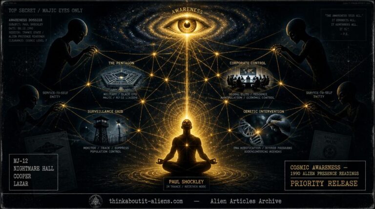 Meditating channeler figure emitting golden light into a web connecting Pentagon, corporate boardroom, surveillance tower, and dark alien silhouettes, with a cosmic awareness eye above