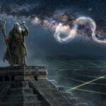 A Druid with a serpent staff observing the Milky Way from the top of a Mayan temple.