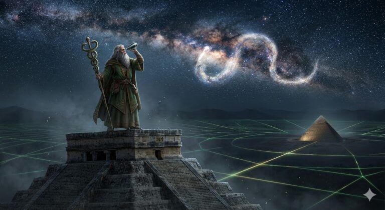 A Druid with a serpent staff observing the Milky Way from the top of a Mayan temple.