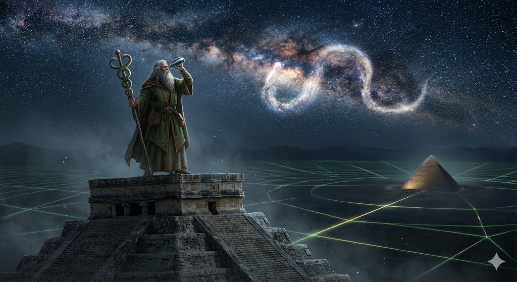 A Druid with a serpent staff observing the Milky Way from the top of a Mayan temple.