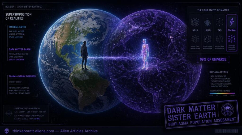 Two superimposed Earths — physical blue-green and translucent violet dark matter — with a human on one surface and a luminous bioplasma entity on the other connected by an energy bridge