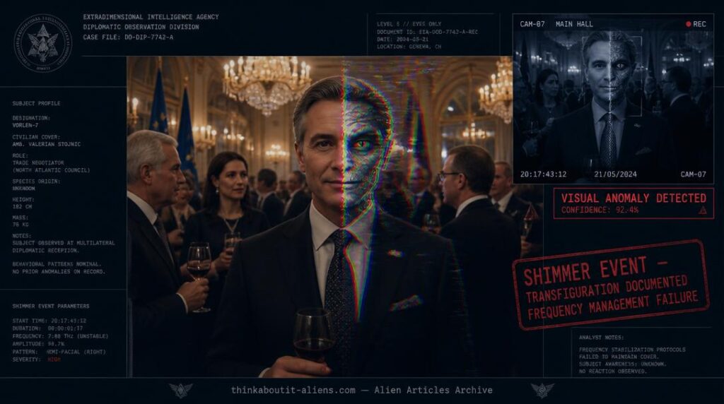 Formal reception with one figure mid-shimmer showing normal face on left and scaled non-human features through chromatic distortion on right, CCTV anomaly detection readout in corner