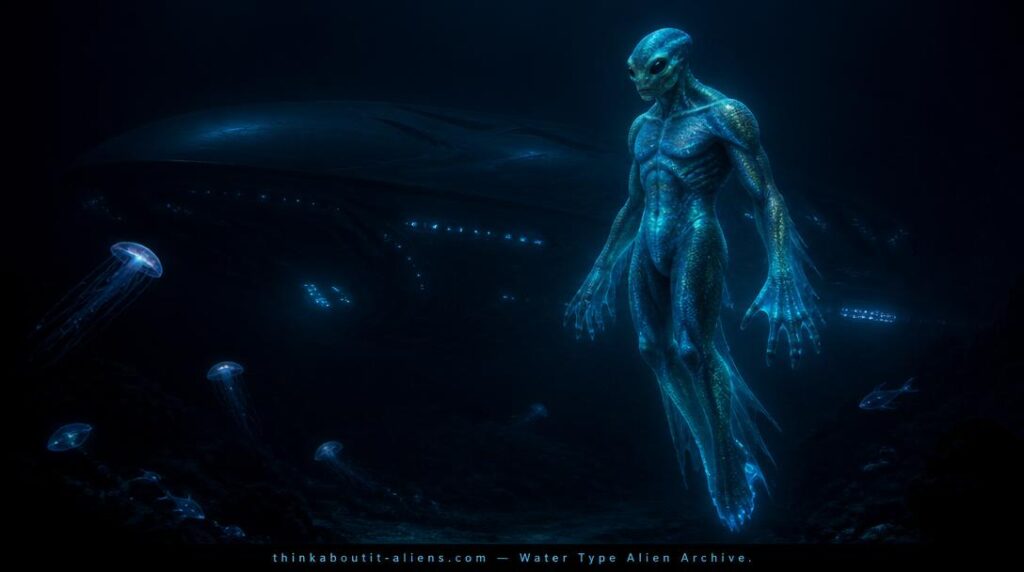 A bioluminescent aquatic humanoid alien with webbed hands and iridescent blue-green skin hovers in deep ocean darkness near a smooth-hulled submerged craft