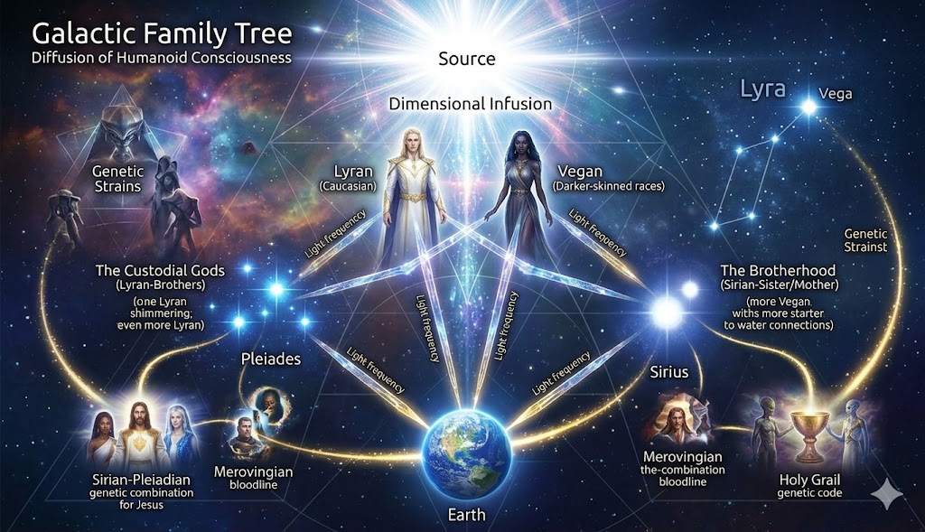 A galactic family tree showing the evolution of humans from Lyra and Vega to the Pleiades, Sirius, and Earth.