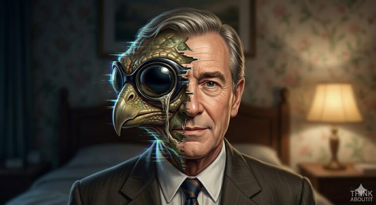 A human face "shimmering" to reveal a hidden reptilian alien entity.