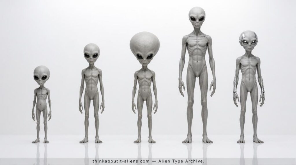 Grey Type Aliens: Five Grey alien subtypes arranged shortest to tallest in a white clinical chamber — small worker, Zeta Reticulan, Bellatrax, Tall Grey, and bio-mechanical variant