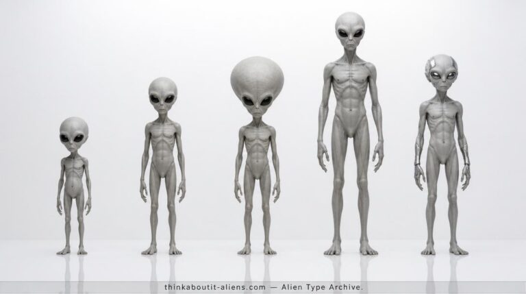 Grey Type Aliens: Five Grey alien subtypes arranged shortest to tallest in a white clinical chamber — small worker, Zeta Reticulan, Bellatrax, Tall Grey, and bio-mechanical variant