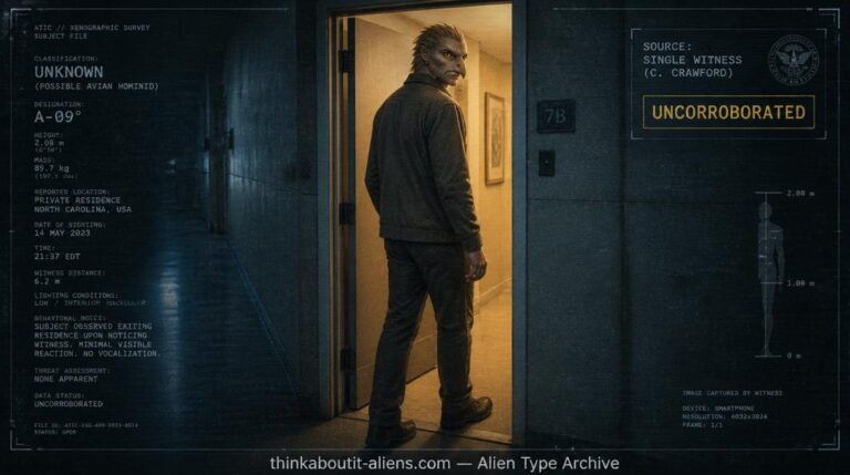Tall humanoid figure with subtly eagle-like features turning away in a doorway, illustrating sculptor Cynthia Crawford's Anabua contactee account