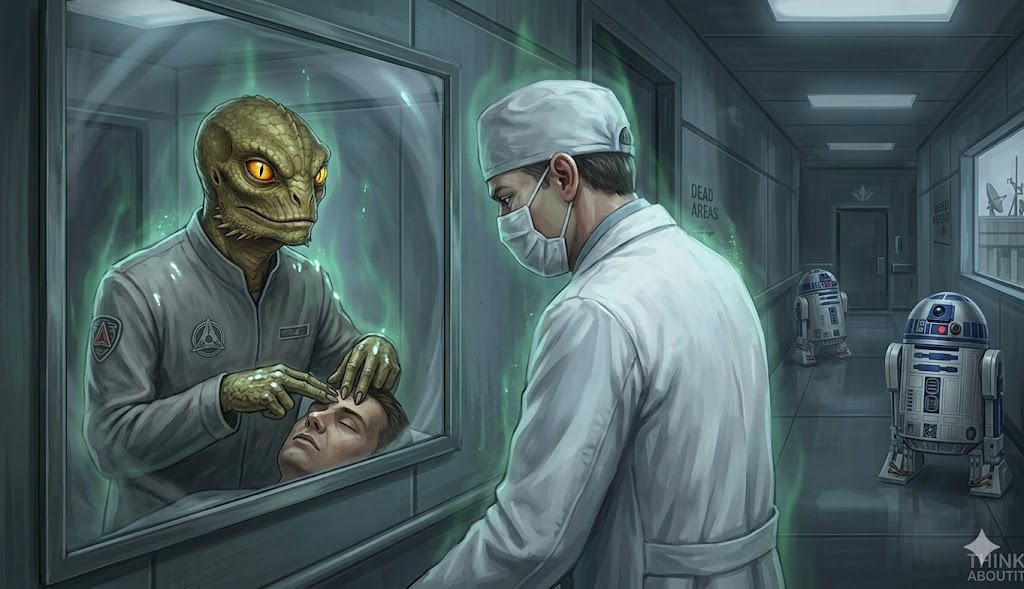A doctor's reptilian reflection in a mirror at a high-tech military hospital.