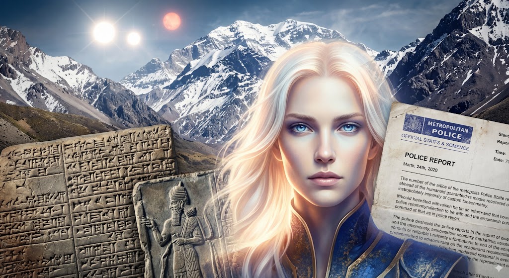 A research collage featuring a Nordic alien, Sumerian Anunnaki carvings, and the mountains of the Andes.
