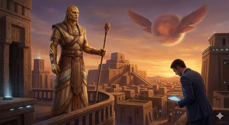 A giant Anunnaki figure in Mesopotamian robes overlooking a ziggurat city with planet Nibiru in the sky.