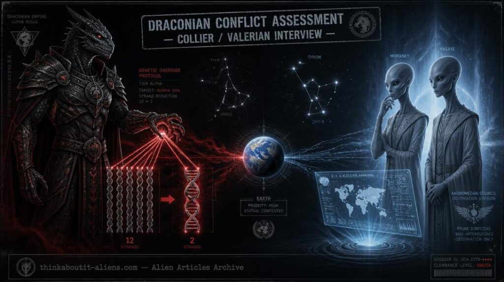 Alex Collier: Alpha Draconian in dark armor snipping a twelve-strand DNA helix down to two while Andromedan beings observe Earth on a holographic display between Orion and Draco constellations
