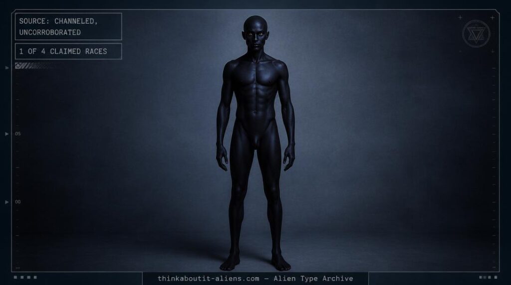 Black-skinned humanoid figure in a plain softly lit setting, illustrating the corrected Engan alien type from Patricia Cori's Sirian Revelations