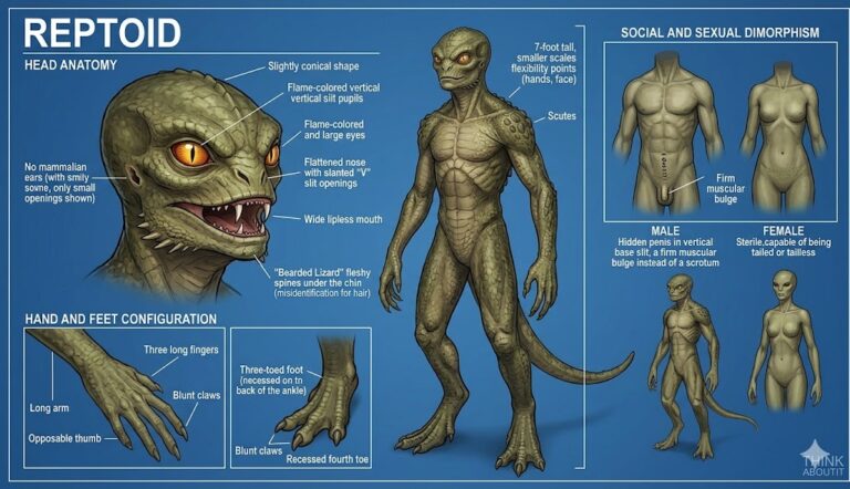 An anatomical diagram of a Reptoid alien showing scales, vertical slit eyes, and clawed hands.