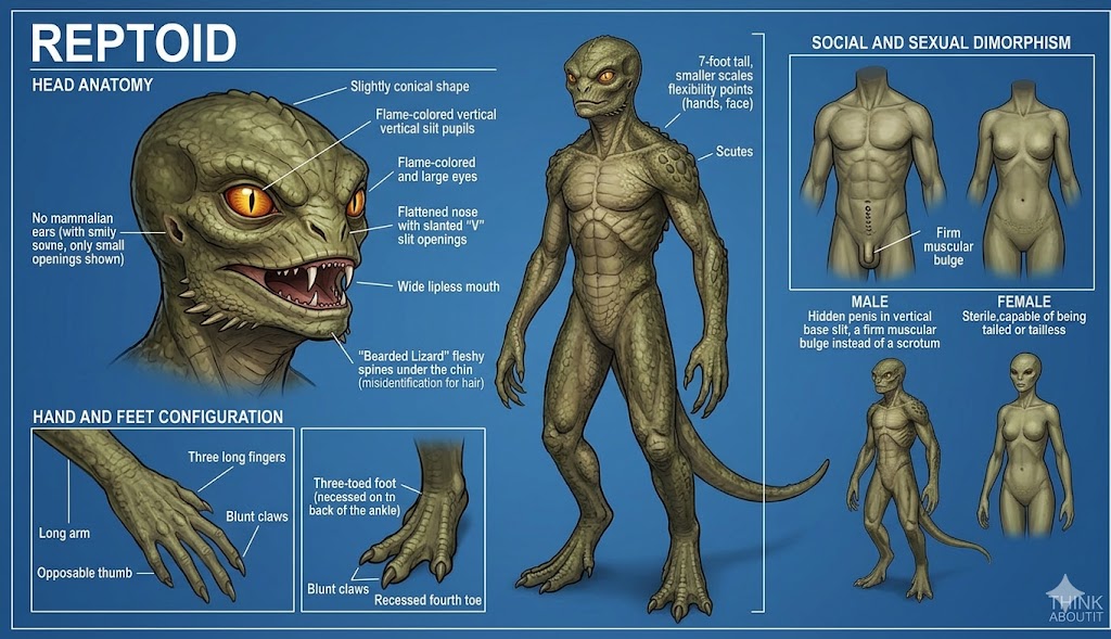 An anatomical diagram of a Reptoid alien showing scales, vertical slit eyes, and clawed hands.