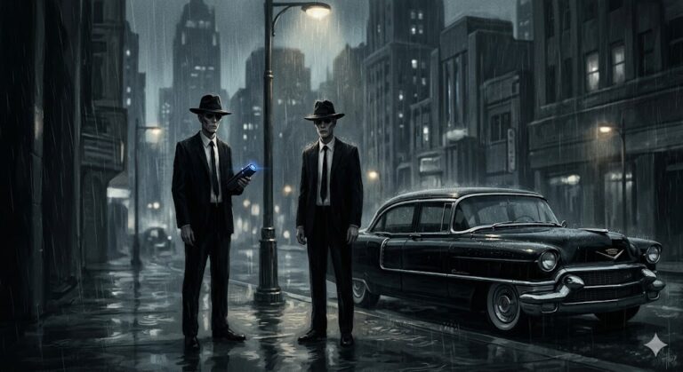Two mysterious Men in Black standing by a vintage car on a rainy night.