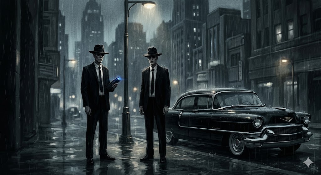 Two mysterious Men in Black standing by a vintage car on a rainy night.