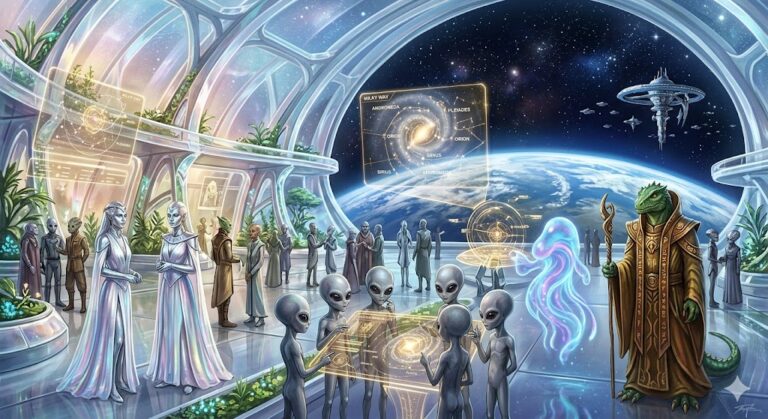A diverse assembly of different alien species, including Greys, Nordics, and Reptilians, in a futuristic hall overlooking Earth.