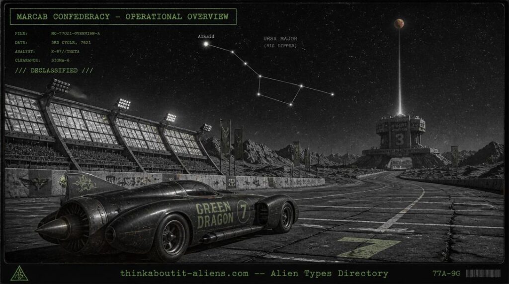 Retro-futuristic illustration of a Marcab Confederacy turbine racetrack with leaded-glass grandstands and a Mars-targeting report station under the Big Dipper constellation with Alkaid highlighted