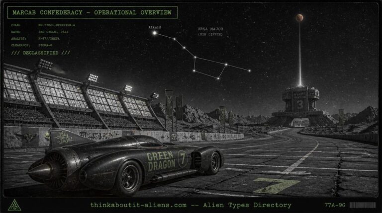Retro-futuristic illustration of a Marcab Confederacy turbine racetrack with leaded-glass grandstands and a Mars-targeting report station under the Big Dipper constellation with Alkaid highlighted