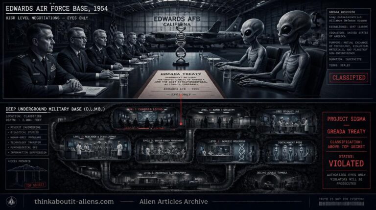 Split scene showing 1954 Edwards Air Force Base treaty signing between military officials and Grey entities with DNA model on table, and underground DUMB facility cross-section below