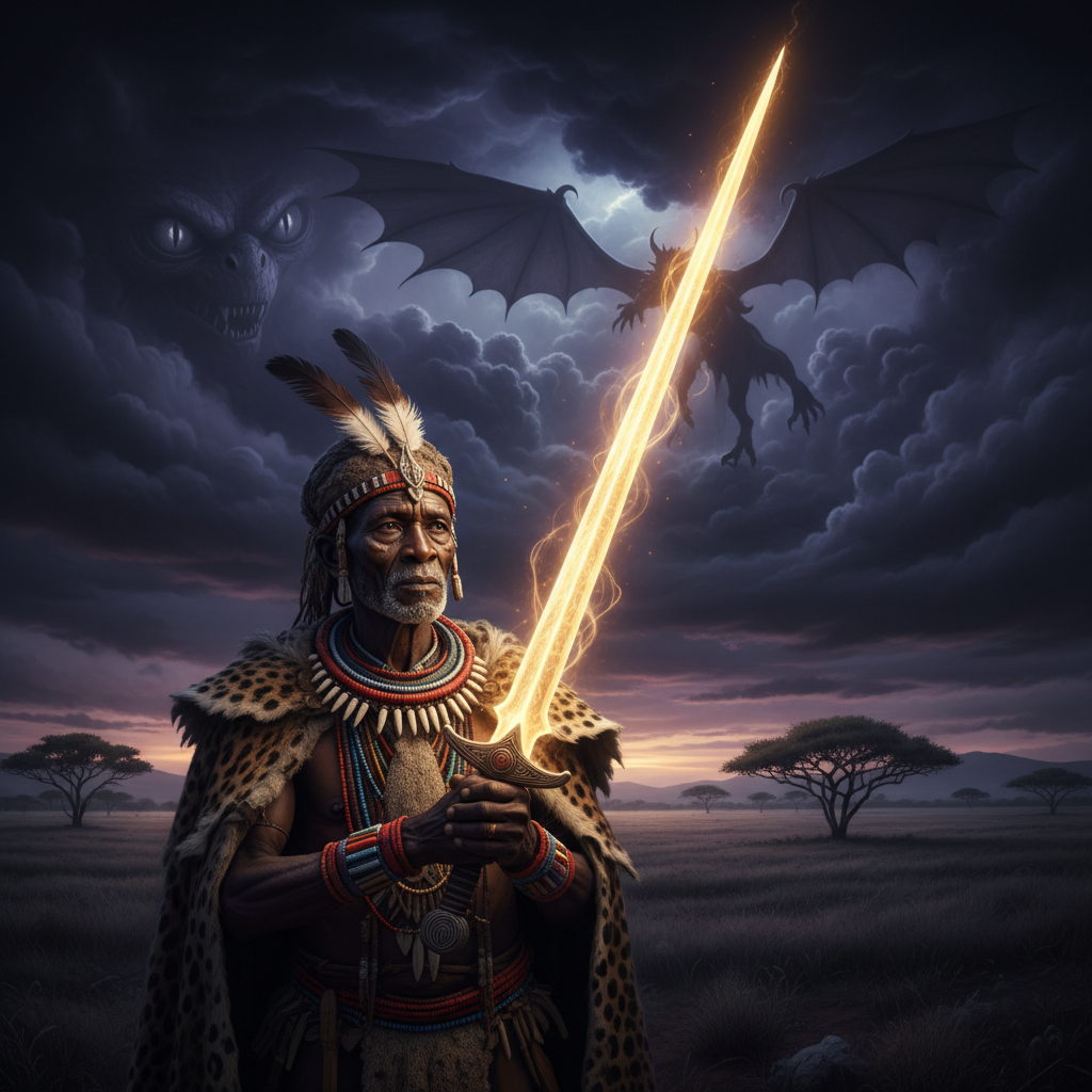 Zulu shaman Credo Mutwa holding a glowing sword against a reptilian sky.