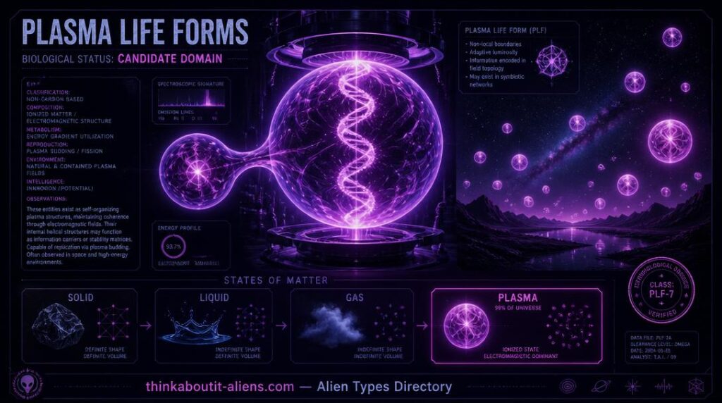 Luminous plasma sphere in laboratory containment showing internal DNA-like helical structure with a budding daughter sphere, and nighttime sky orbs in matching violet-pink
