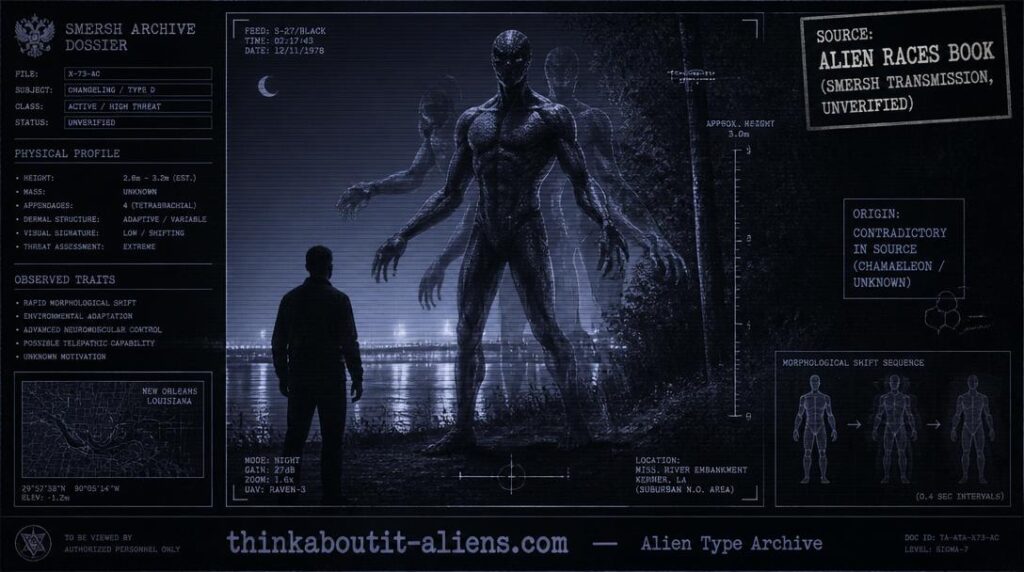 Dossier-style illustration of a tall, four-armed humanoid figure shown mid-shape-shift with ghosted duplicate outlines, at a wooded embankment near New Orleans at night.