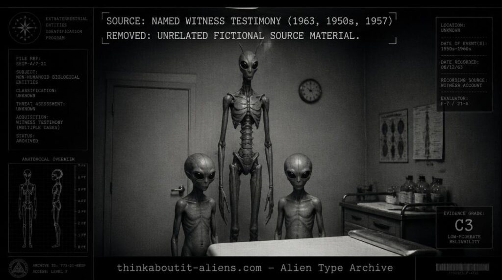 Dossier-style illustration of a tall insectoid mantis being standing over smaller grey figures in an examination room
