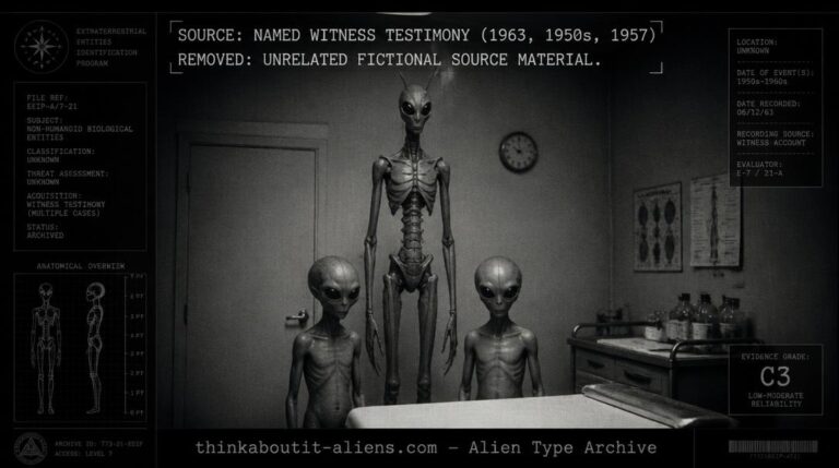 Dossier-style illustration of a tall insectoid mantis being standing over smaller grey figures in an examination room