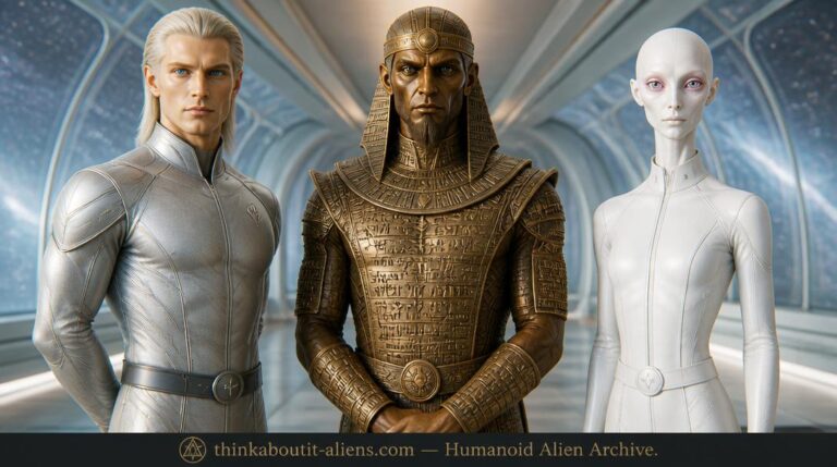 Three humanoid alien species — a Nordic, an Anunnaki in ceremonial armor, and a Tall White — standing in a translucent corridor with a star field visible behind them