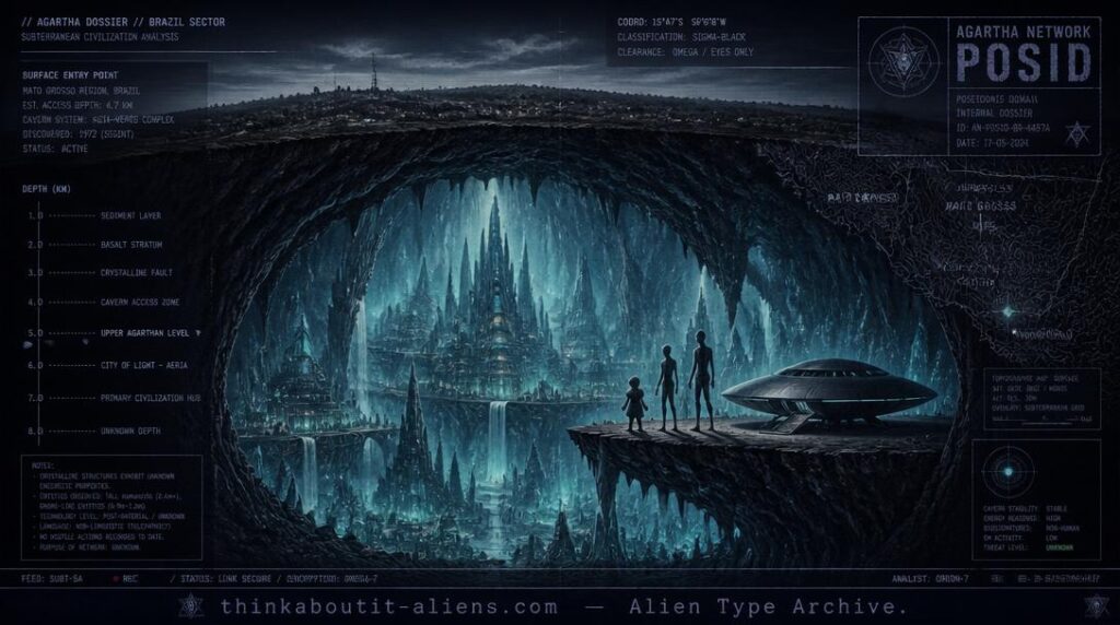 Dossier-style cutaway illustration of the underground city of Posid beneath Matto Grosso, Brazil, showing Atlan inhabitants and disk craft.