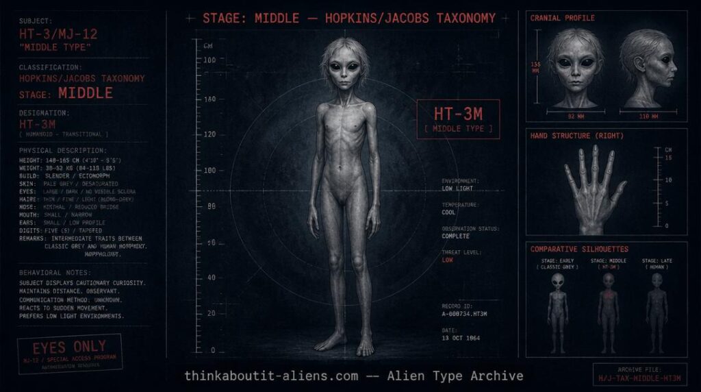 Illustration of a Hybrid Grey ("hubrid"), a staged Grey-human hybrid from Hopkins and Jacobs' abduction research