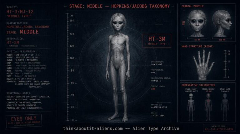 Illustration of a Hybrid Grey ("hubrid"), a staged Grey-human hybrid from Hopkins and Jacobs' abduction research