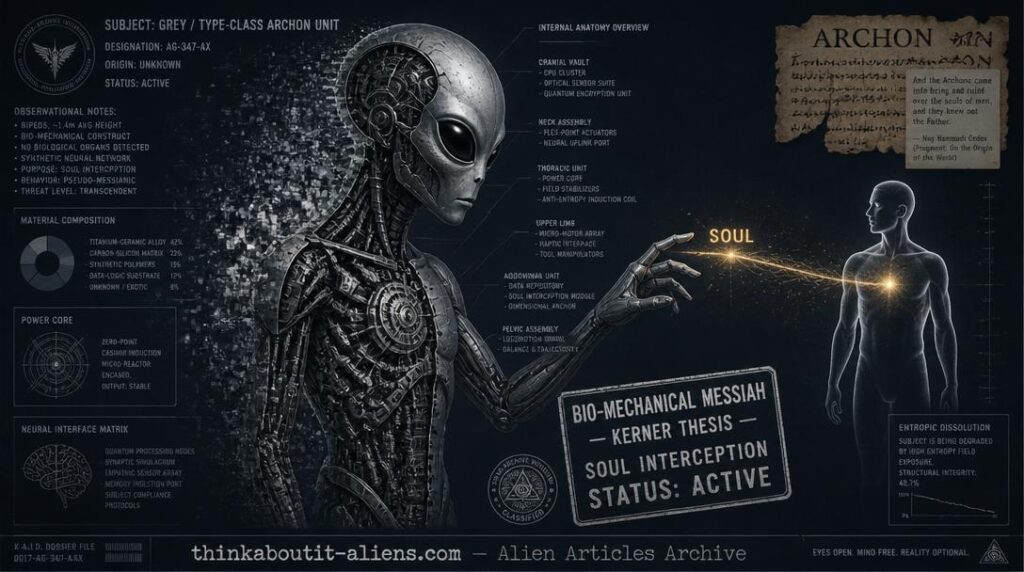Grey alien shown in cross-section revealing mechanical internal components reaching toward a glowing golden soul thread from a human silhouette, with crumbling entropic edges and Nag Hammadi codex fragment
