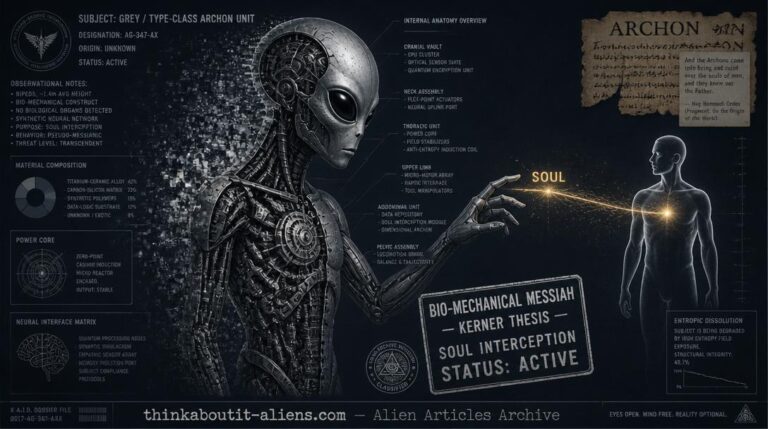 Grey alien shown in cross-section revealing mechanical internal components reaching toward a glowing golden soul thread from a human silhouette, with crumbling entropic edges and Nag Hammadi codex fragment