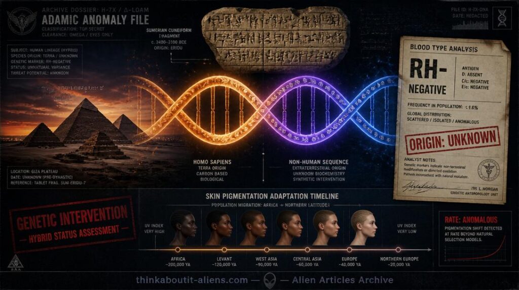 Double helix DNA strand with one human-amber strand and one alien blue-violet strand containing hieroglyphic symbols, Giza pyramids at twilight, and RH-Negative blood card stamped origin unknown